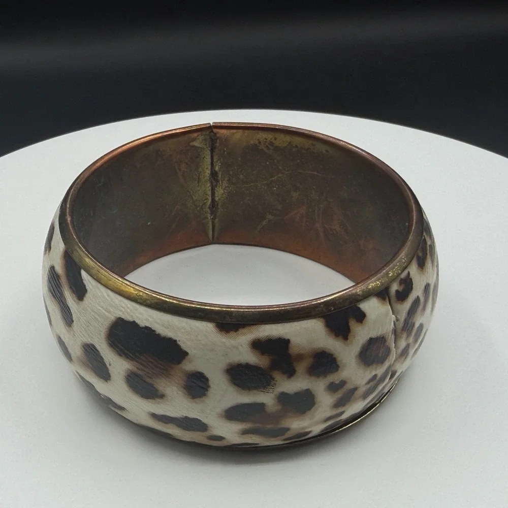 Cream Leopard Print Wide Gold Tone Bangle Bracelet Chunky Statement Y2K Gift